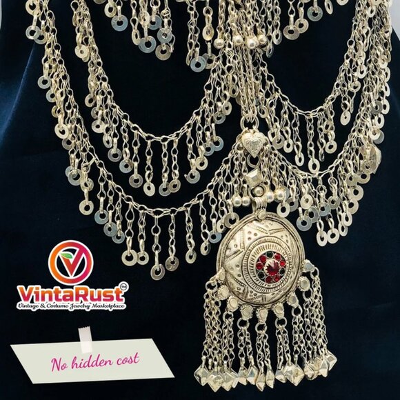 Tribal Bib Necklace With Dangling Tassels and Big Pendant - Picture 3 of 9